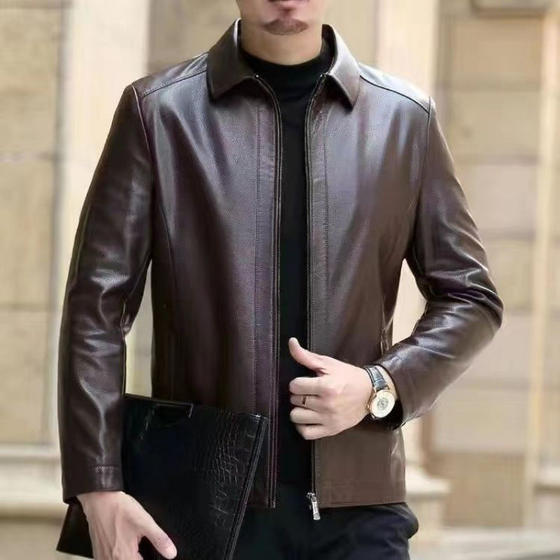 Stand Collar Fleece-lined leather jacket men