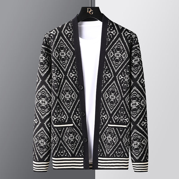 Spring And Autumn Jacquard Cardigan V-neck Sweater Men