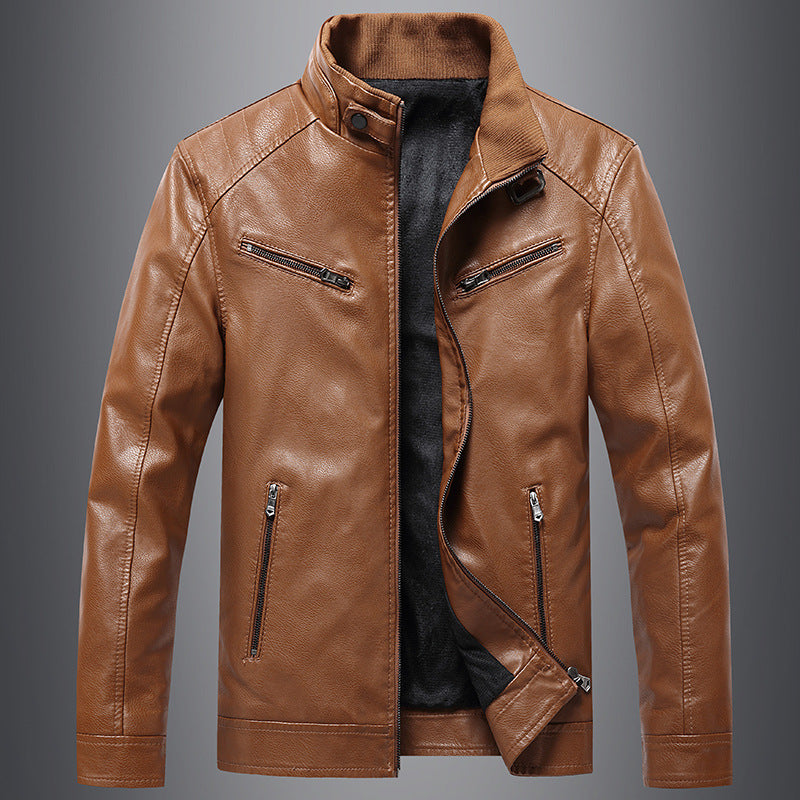 Men's Padded Coat Stand Collar PU Leather Jacket