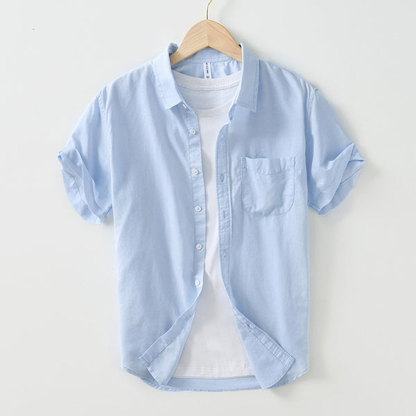 Camisa artística simple de algodón y lino con cuello cuadrado para hombre
