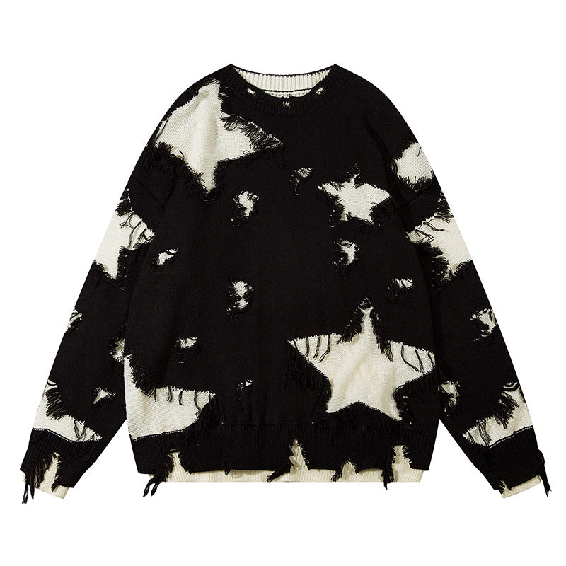 Destroyed Color Matching Five-pointed Star Round Neck Sweater