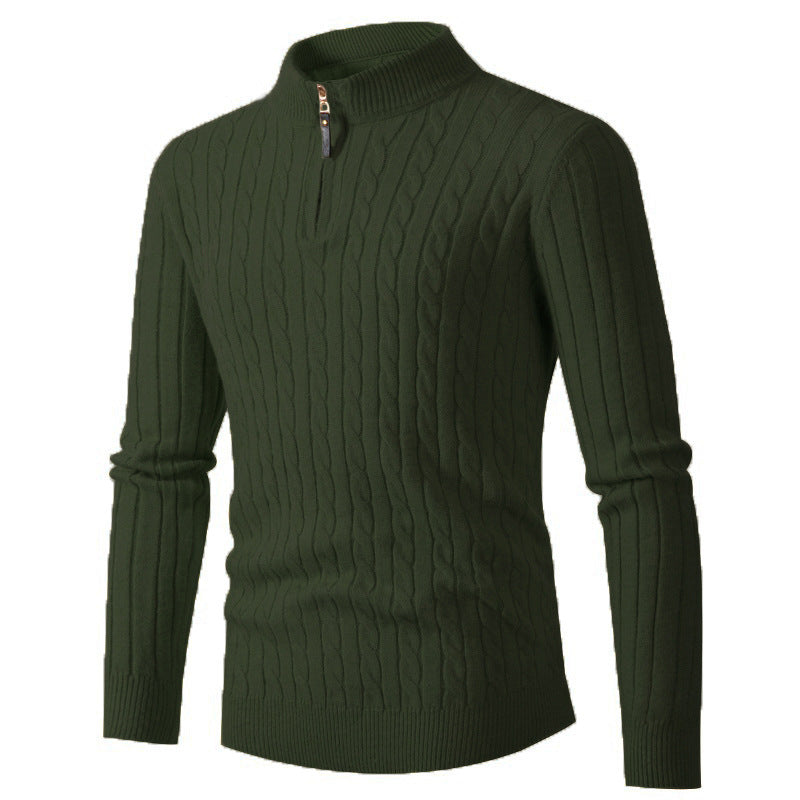 Men's Thick Twist Sweater Zipper Half Open High Collar Warm Sweater