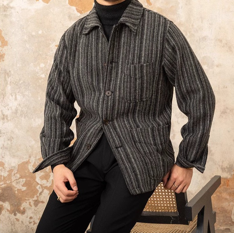 Parma Herringbone Striped Wool Blend Work Shirt Jacket