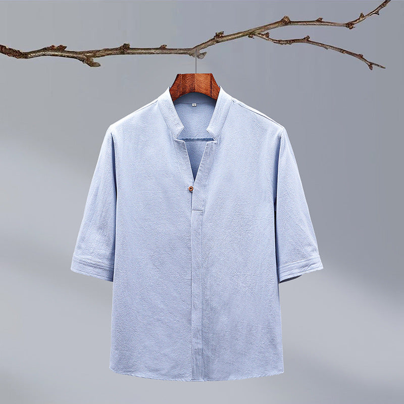 Men's Crepe Half-sleeved Stand-up Collar Shirt