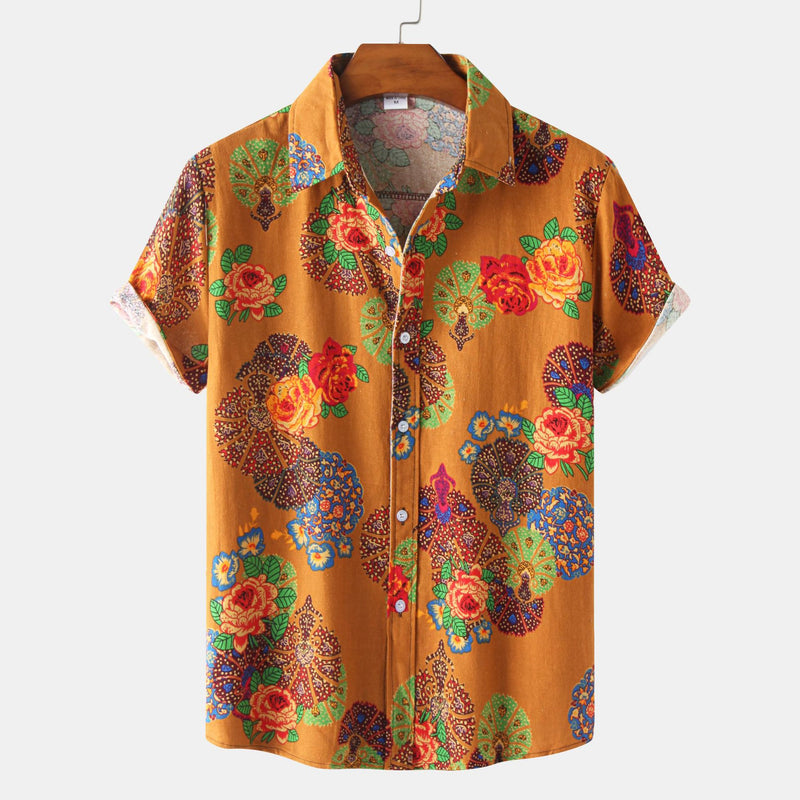 Men's Cotton And Linen Short Sleeve Hawaiian printed Shirt