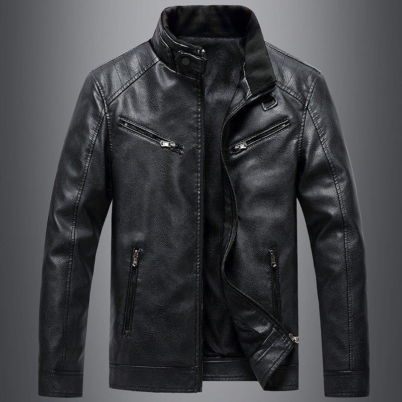 Men's Padded Coat Stand Collar PU Leather Jacket