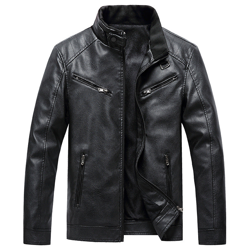 Men's Padded Coat Stand Collar PU Leather Jacket