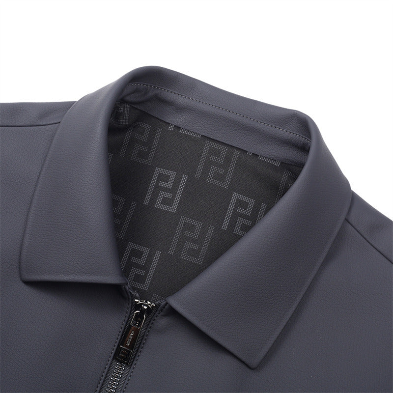 Lapel Solid Color Basic Versatile PU Leather Coat