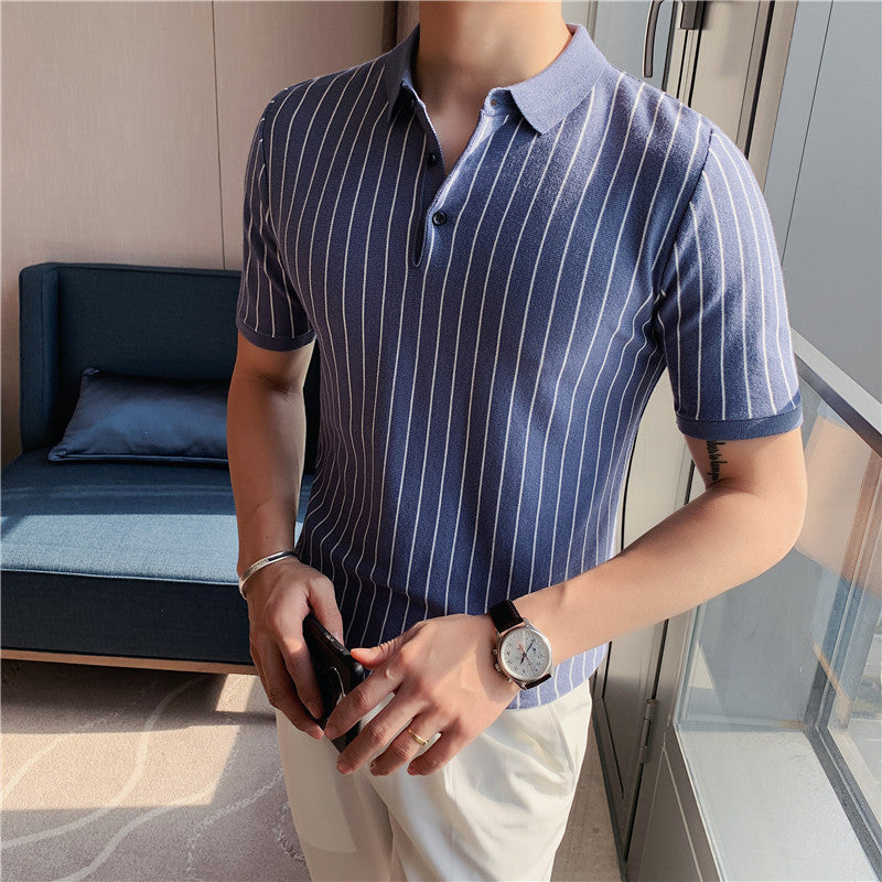 Dark Stripe Hollow Knitted Short Sleeve T-shirt