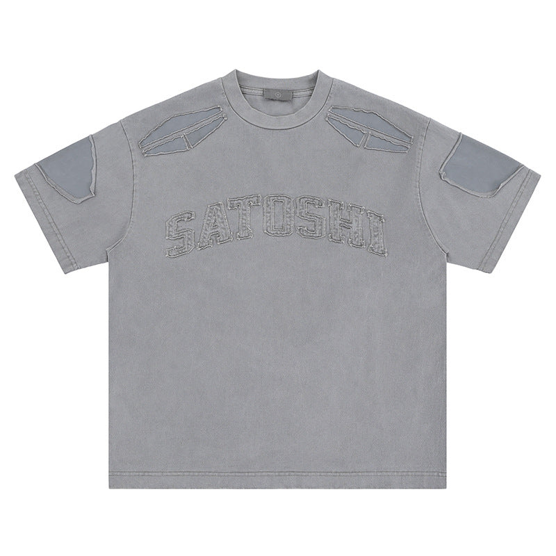 High Street Wash Retro Alphabet Embroidery Stitching T-shirt