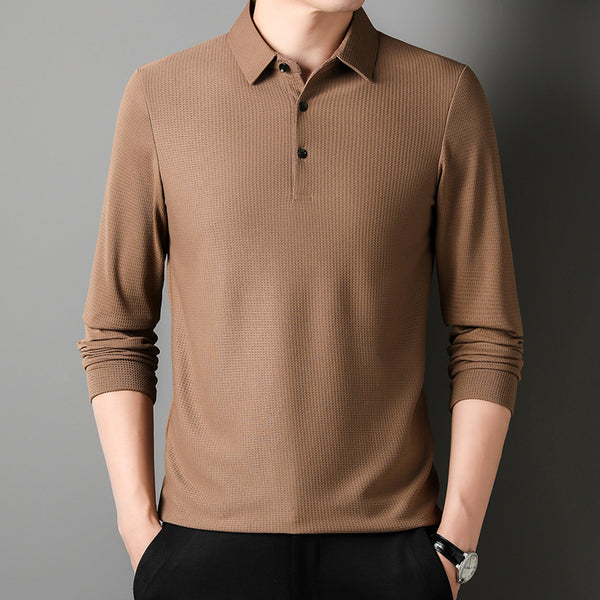 Men's Solid Color Long Sleeve Waffle Polo Shirt