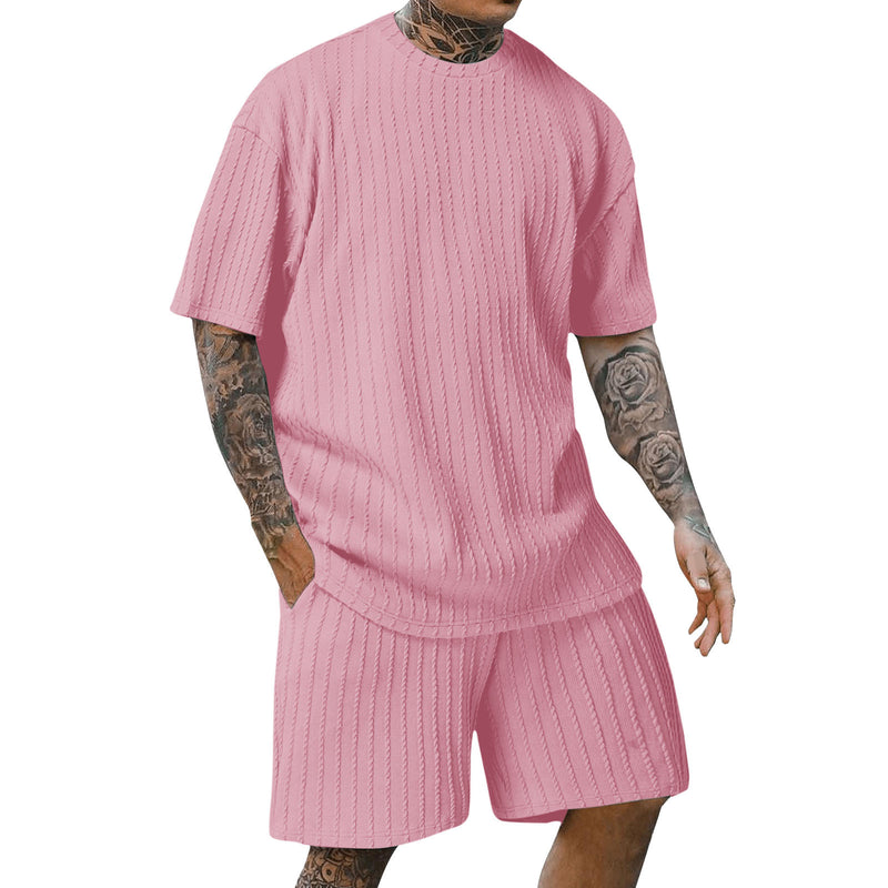 Men's Round Neck Pullover Vertical Pattern Two-piece summer Set