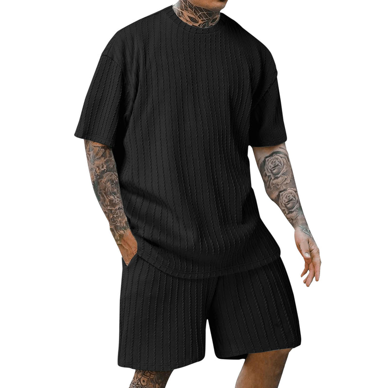 Men's Round Neck Pullover Vertical Pattern Two-piece summer Set