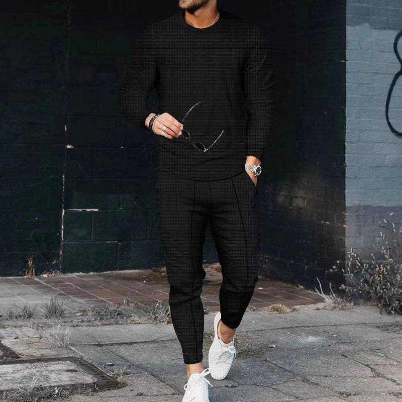 Men's Casual Waffle Long Sleeve Round Neck summer Suit