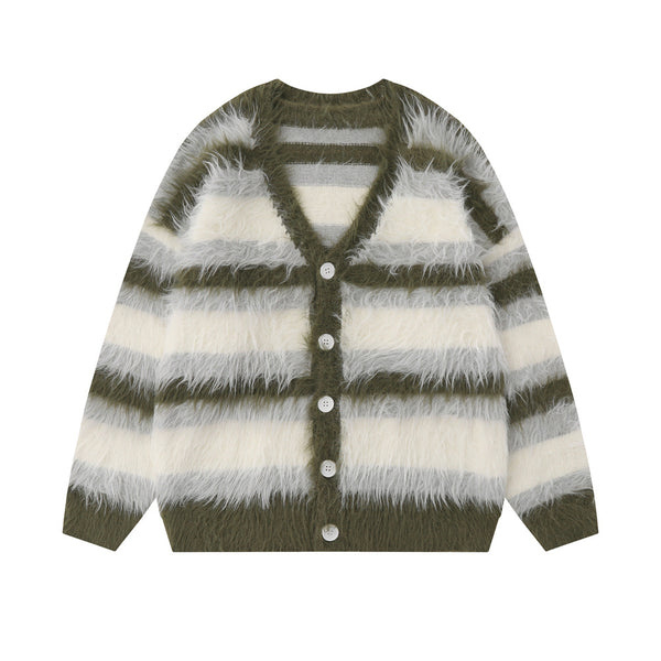 Striped With Fleece Lining V-neck Sweater Coat Autumn And Winter