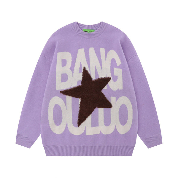 Hip Hop American Five-pointed Star Letter Crew Neck Sweater