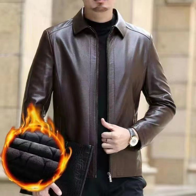 Stand Collar Fleece-lined leather jacket men