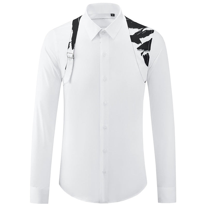 Contrast Color Shoulder Strap Nightclub Slim-fit Shirt For Men