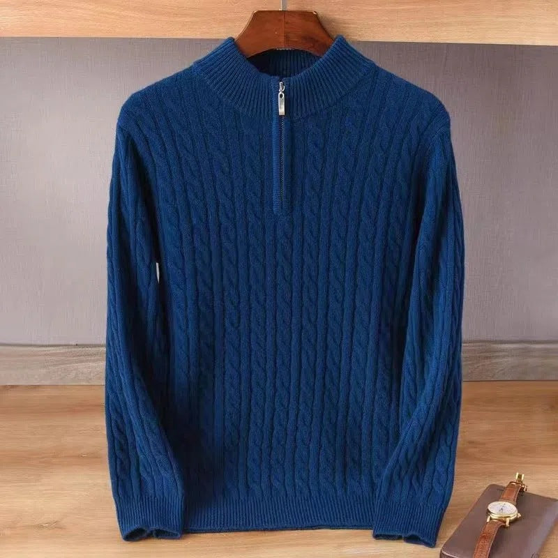 Men's Thick Twist Sweater Zipper Half Open High Collar Warm Sweater