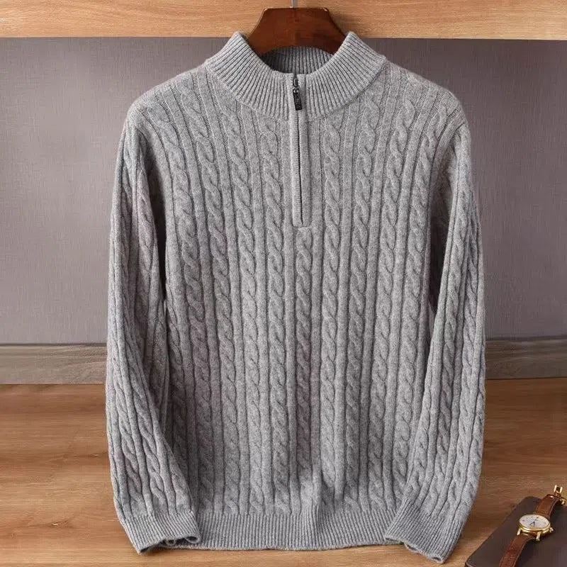 Men's Thick Twist Sweater Zipper Half Open High Collar Warm Sweater