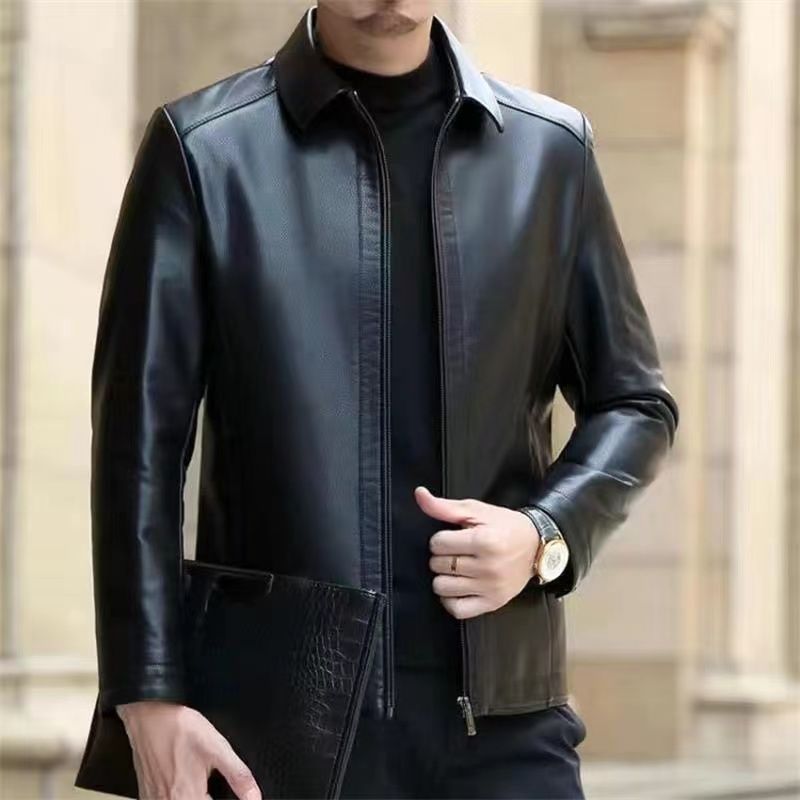 Stand Collar Fleece-lined leather jacket men