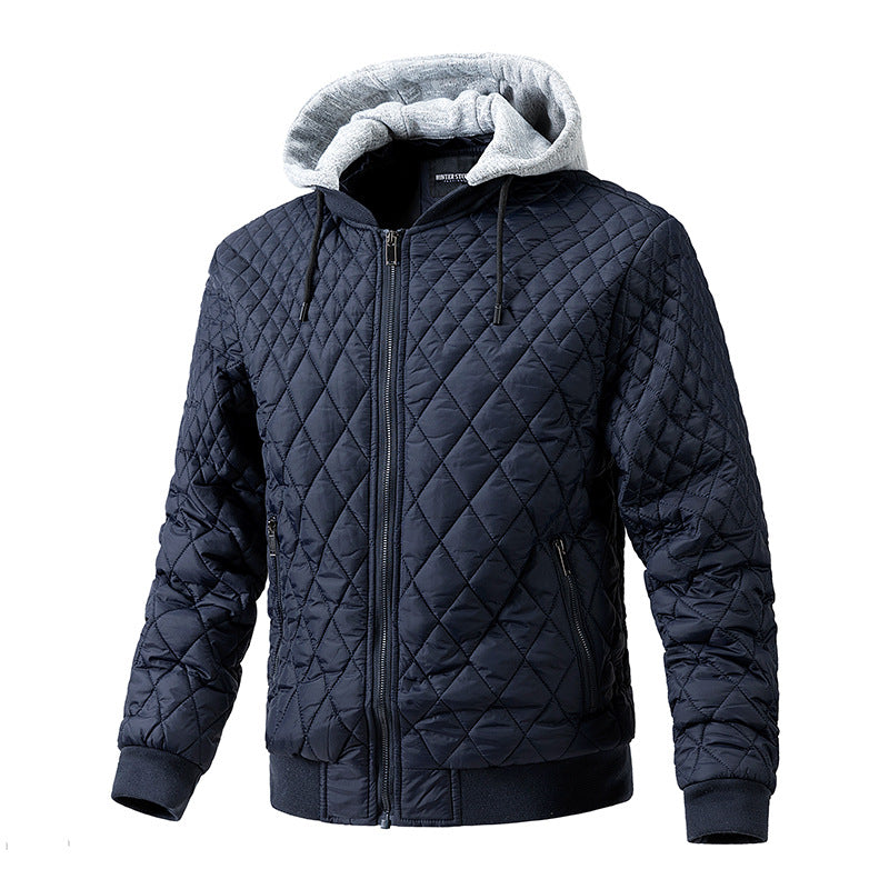 Men's Casual Quilted Cotton Removable Hood Jacket