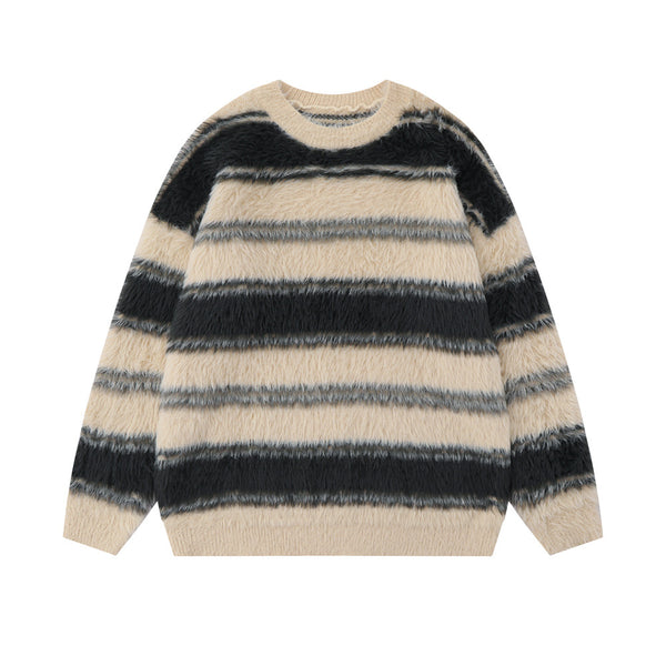 Striped With Fleece Lining Round Neck Sweater Men's