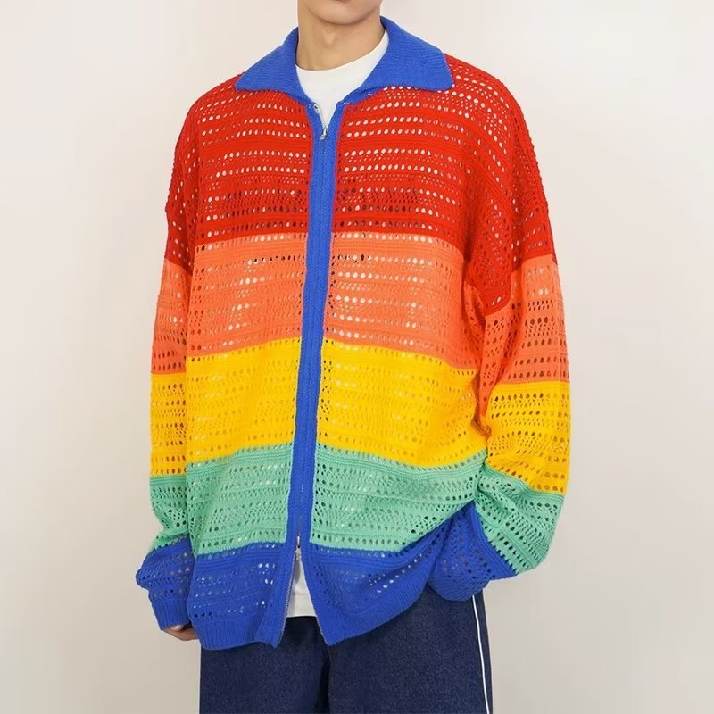 Colorful Striped Hollow Casual Hip Hop Lapel Cotton Knitwear sweater