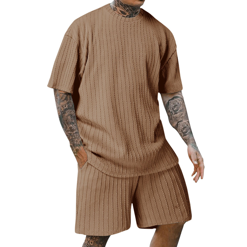 Men's Round Neck Pullover Vertical Pattern Two-piece summer Set