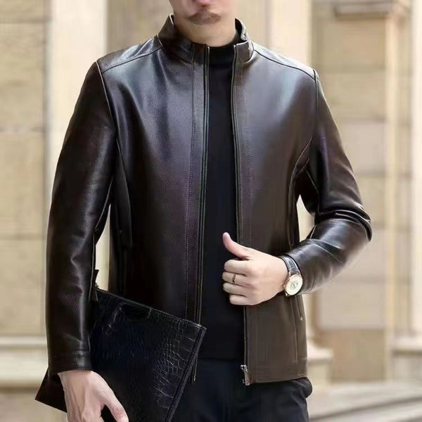 Stand Collar Fleece-lined leather jacket men