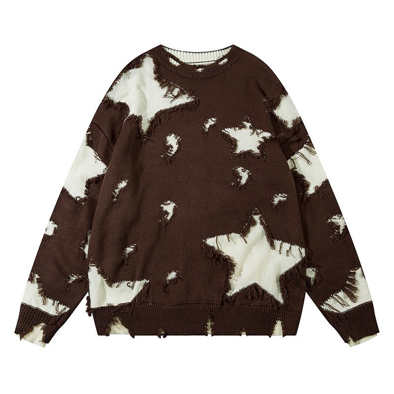 Destroyed Color Matching Five-pointed Star Round Neck Sweater