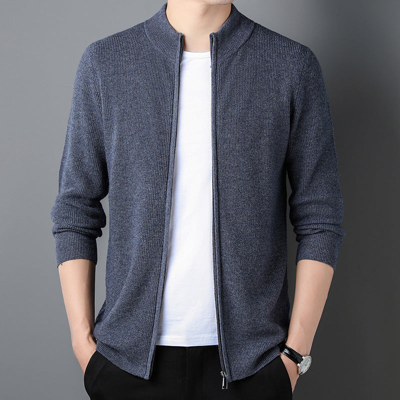 Casual Solid Color Stand Collar Zipper Knitted Cardigan sweater