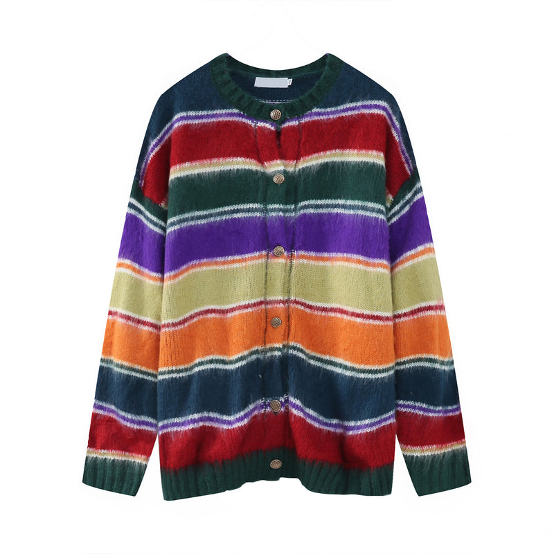 Retro Contrast Color Rainbow Striped Cardigan Knitted Sweater For Men