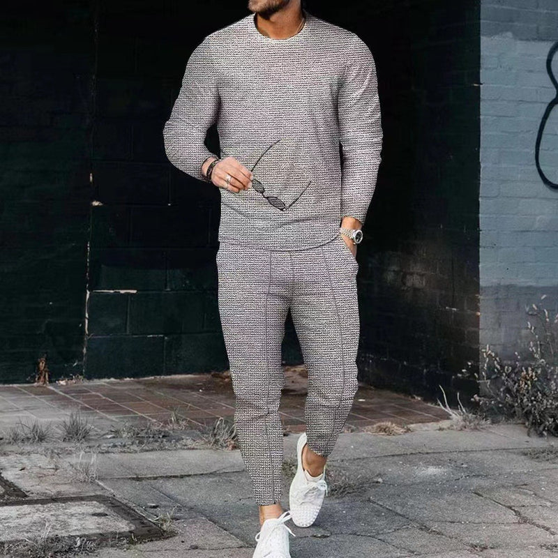 Men's Casual Waffle Long Sleeve Round Neck summer Suit