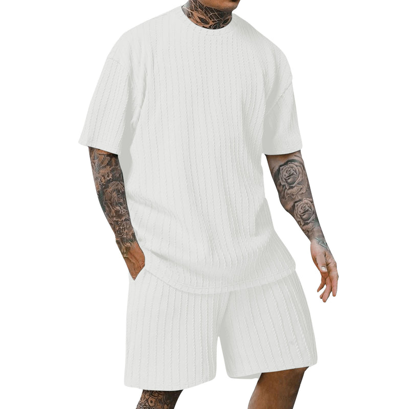 Men's Round Neck Pullover Vertical Pattern Two-piece summer Set