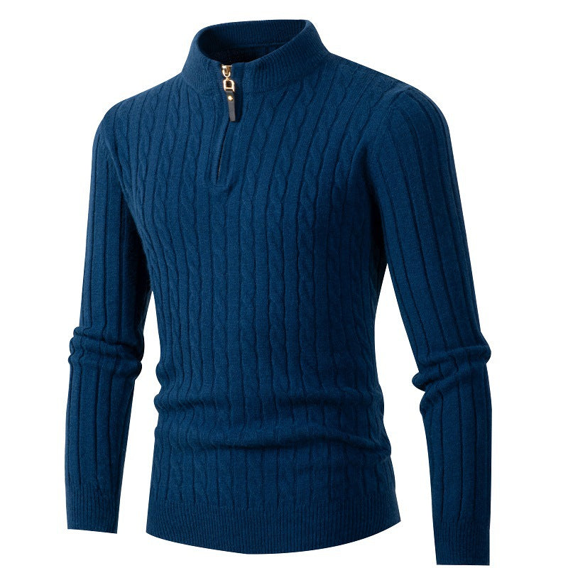 Men's Thick Twist Sweater Zipper Half Open High Collar Warm Sweater