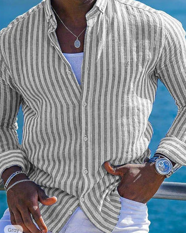 Summer striped Lapel Long Sleeve Shirt