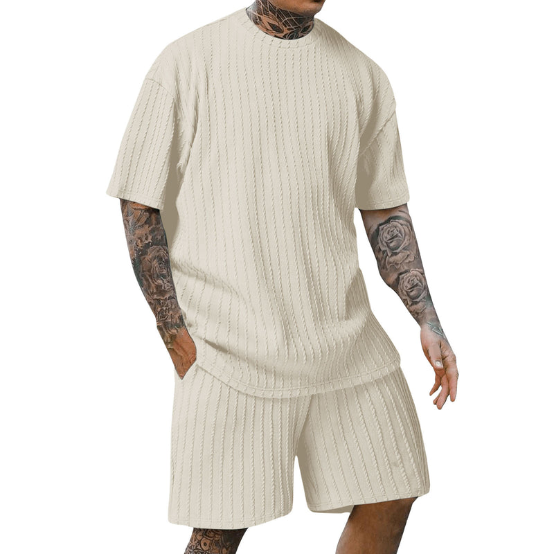 Men's Round Neck Pullover Vertical Pattern Two-piece summer Set