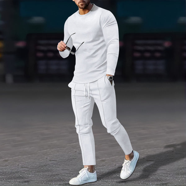 Men's Casual Waffle Long Sleeve Round Neck summer Suit