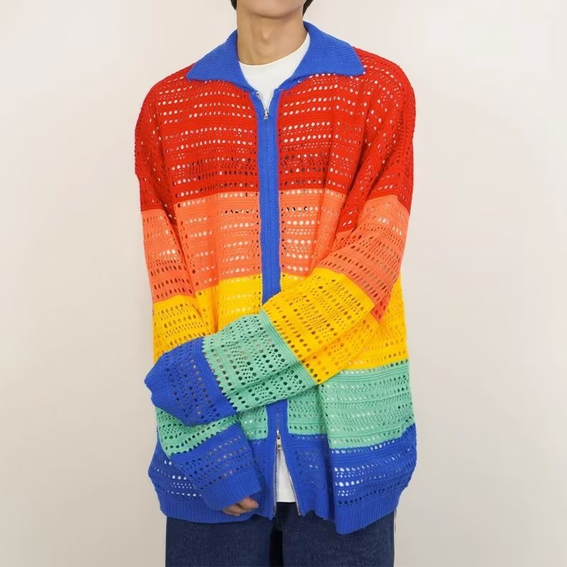 Colorful Striped Hollow Casual Hip Hop Lapel Cotton Knitwear sweater