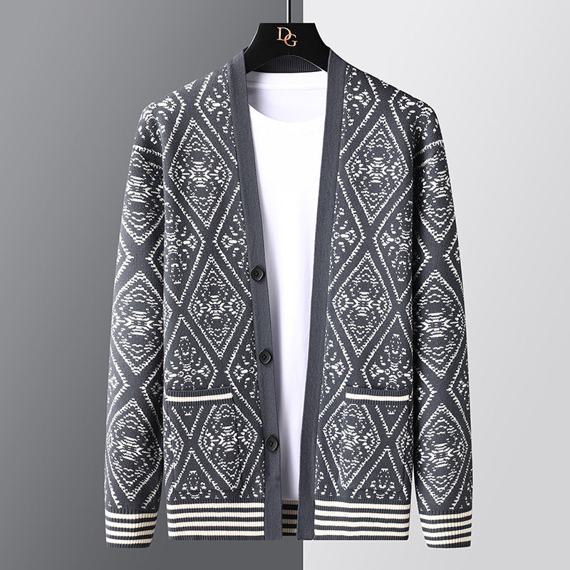 Spring And Autumn Jacquard Cardigan V-neck Sweater Men