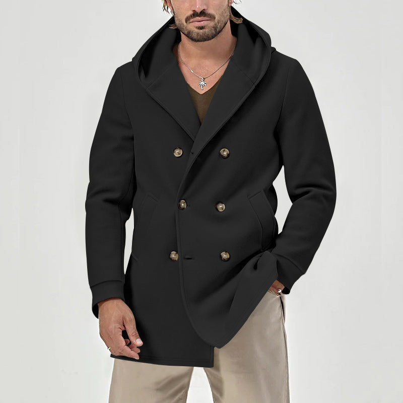 Hooded Double-breasted Casual Mid-length Trench Coat