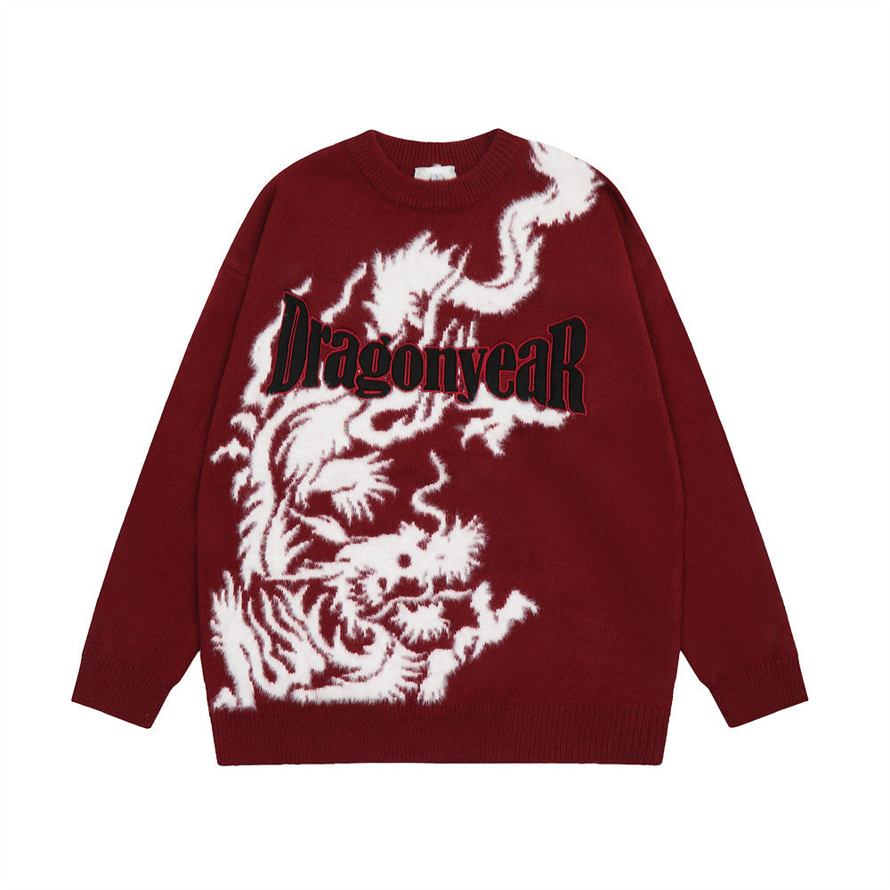 Maglione in maglia ricamato con motivo a drago in jacquard e lettere