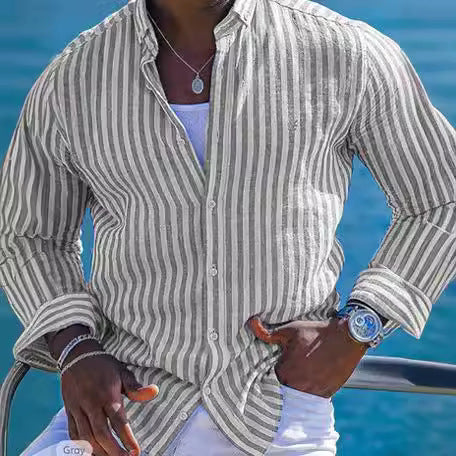 Summer striped Lapel Long Sleeve Shirt