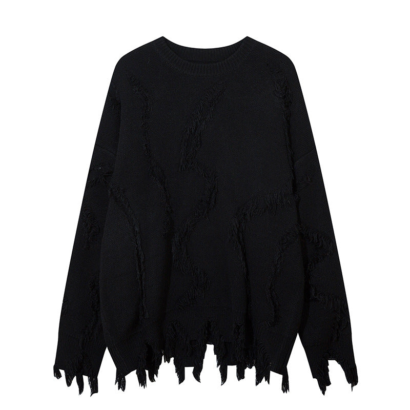 Idle Style Cat Beard Tassel Ripped Round Neck Sweater