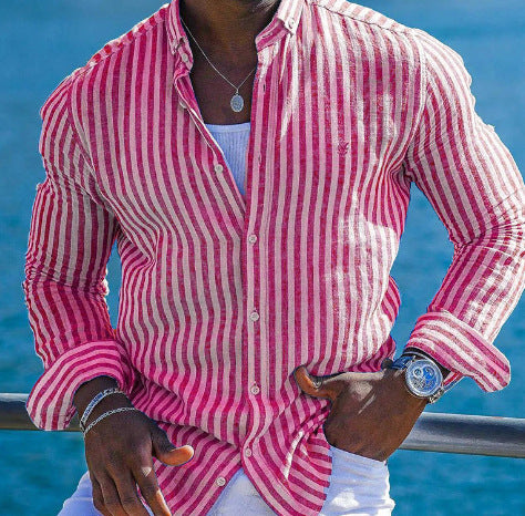 Summer striped Lapel Long Sleeve Shirt