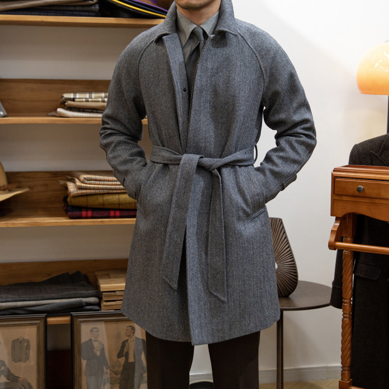 Leisure Mid-length trench Coat Herringbone Wool Slim Fit