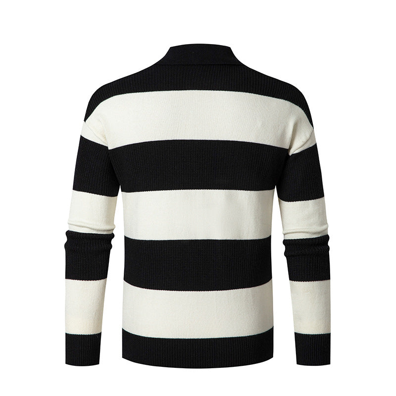 Contrast Color Striped Lapel Sweater Men's