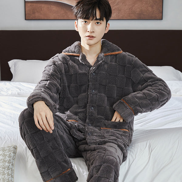 Pajamas Men's Jacquard Flannel Loose Fleece-lined Warm Loungewear