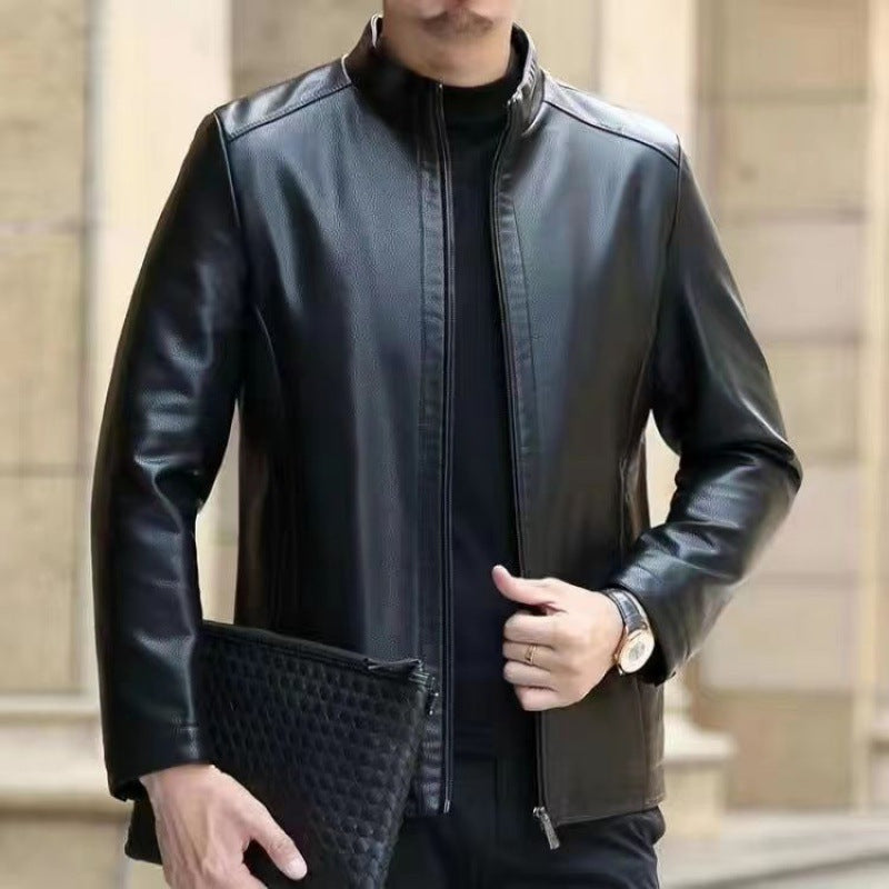 Stand Collar Fleece-lined leather jacket men